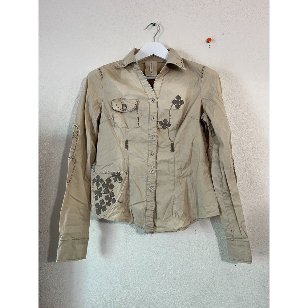 Murmur Women Beige Embroidered Button-Up Shirt Medium Long Sleeve Stretch Casual